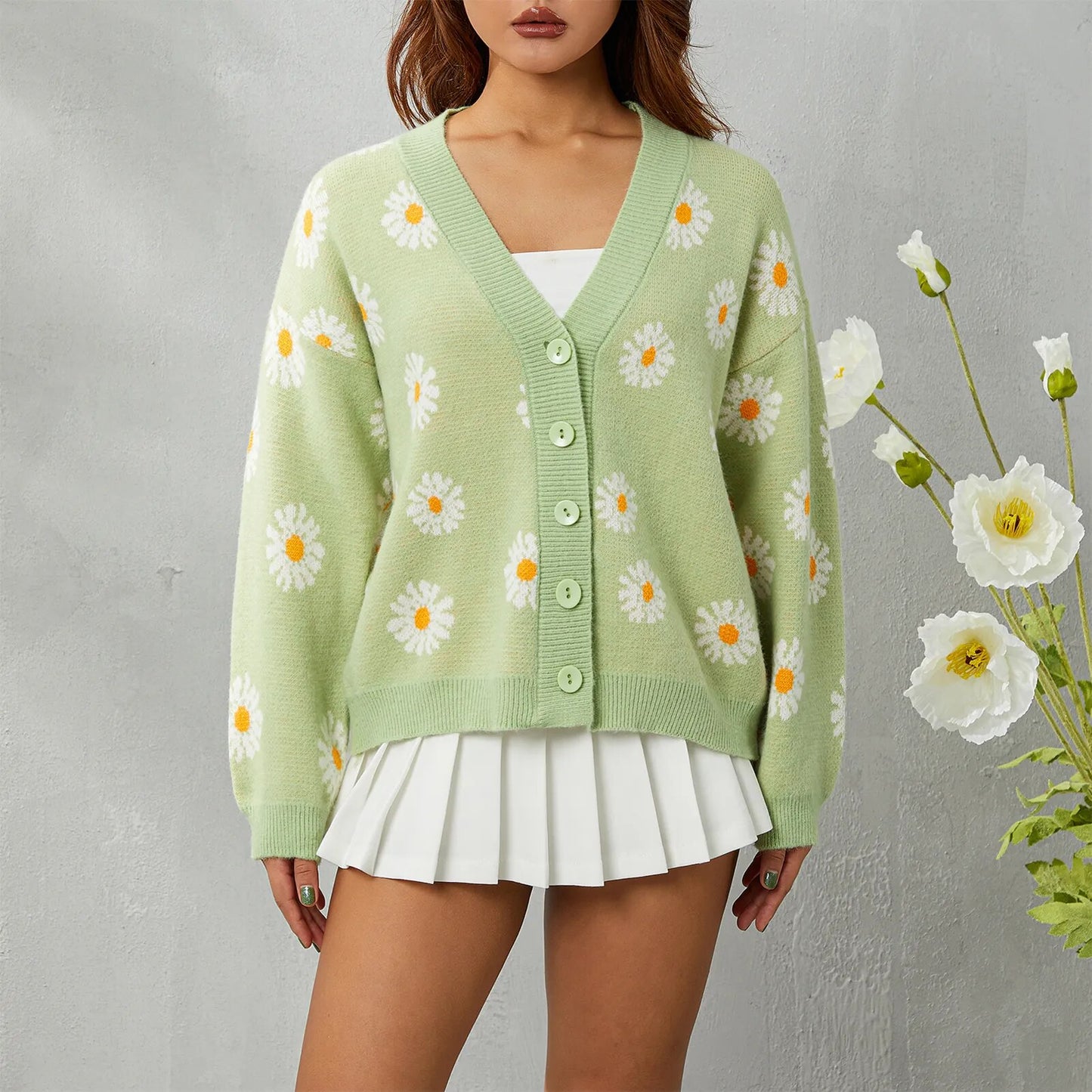 Sweater Open Front Cardigan Long Sleeve Women Floral Print Cardigan Daisy