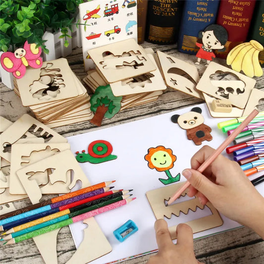 Wooden Drawing Stencils Kit 100 piece  Set Box Educational Toys for Children