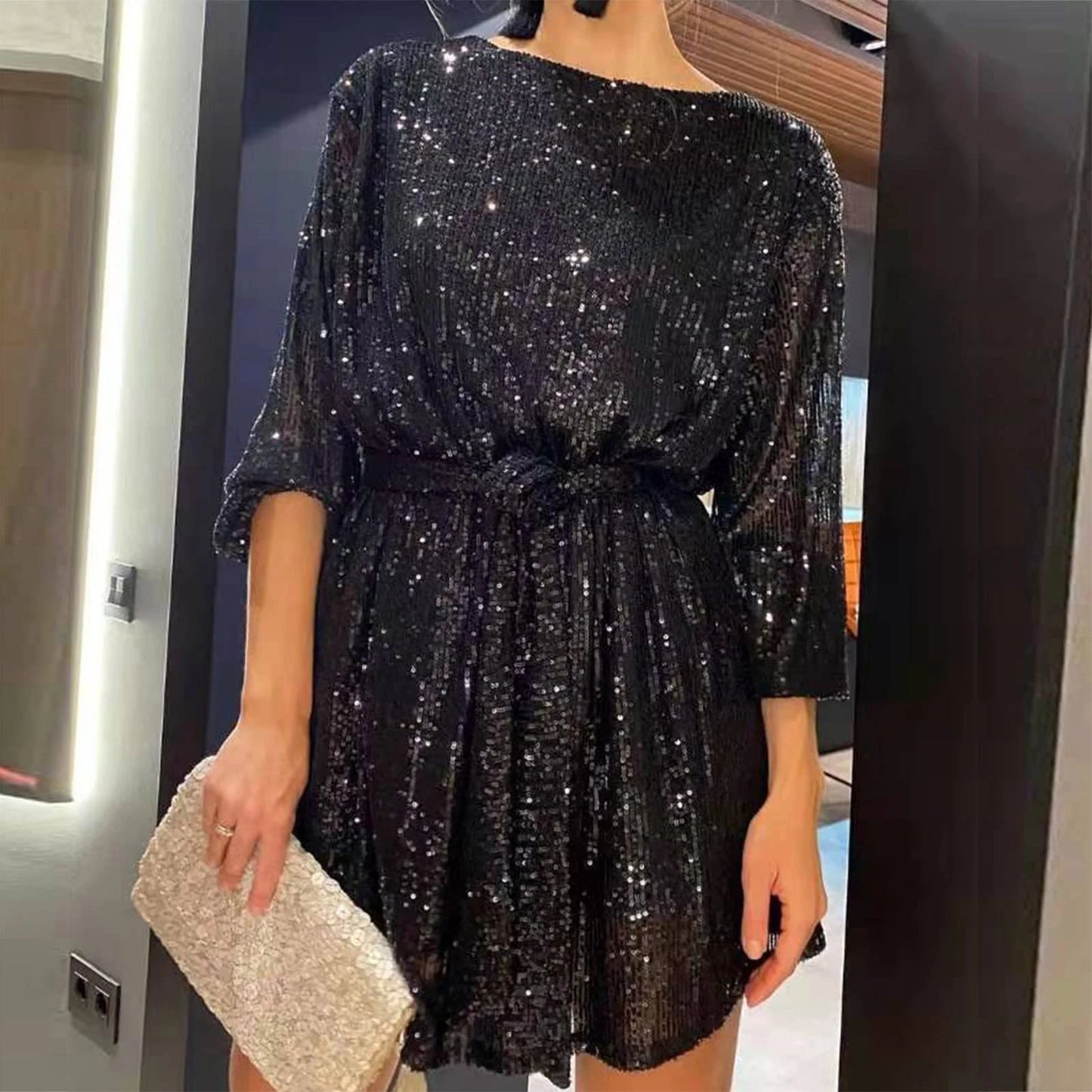 Sexy Short Glitter Dress with Sequins and Long Sleeve with Belt Sparkly Elegant Fashion
