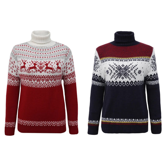 Sweater High Neck Printed Elk or Snowflake Christmas