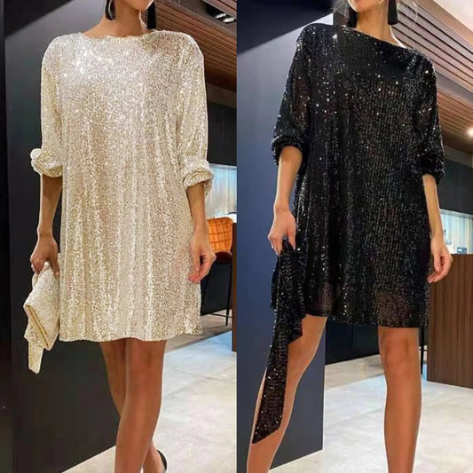Sexy Short Glitter Dress with Sequins and Long Sleeve with Belt Sparkly Elegant Fashion