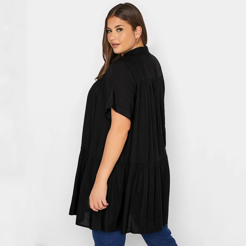 Plus Size Summer Elegant Longline Smock Women Short Sleeve Black Casual Tiered