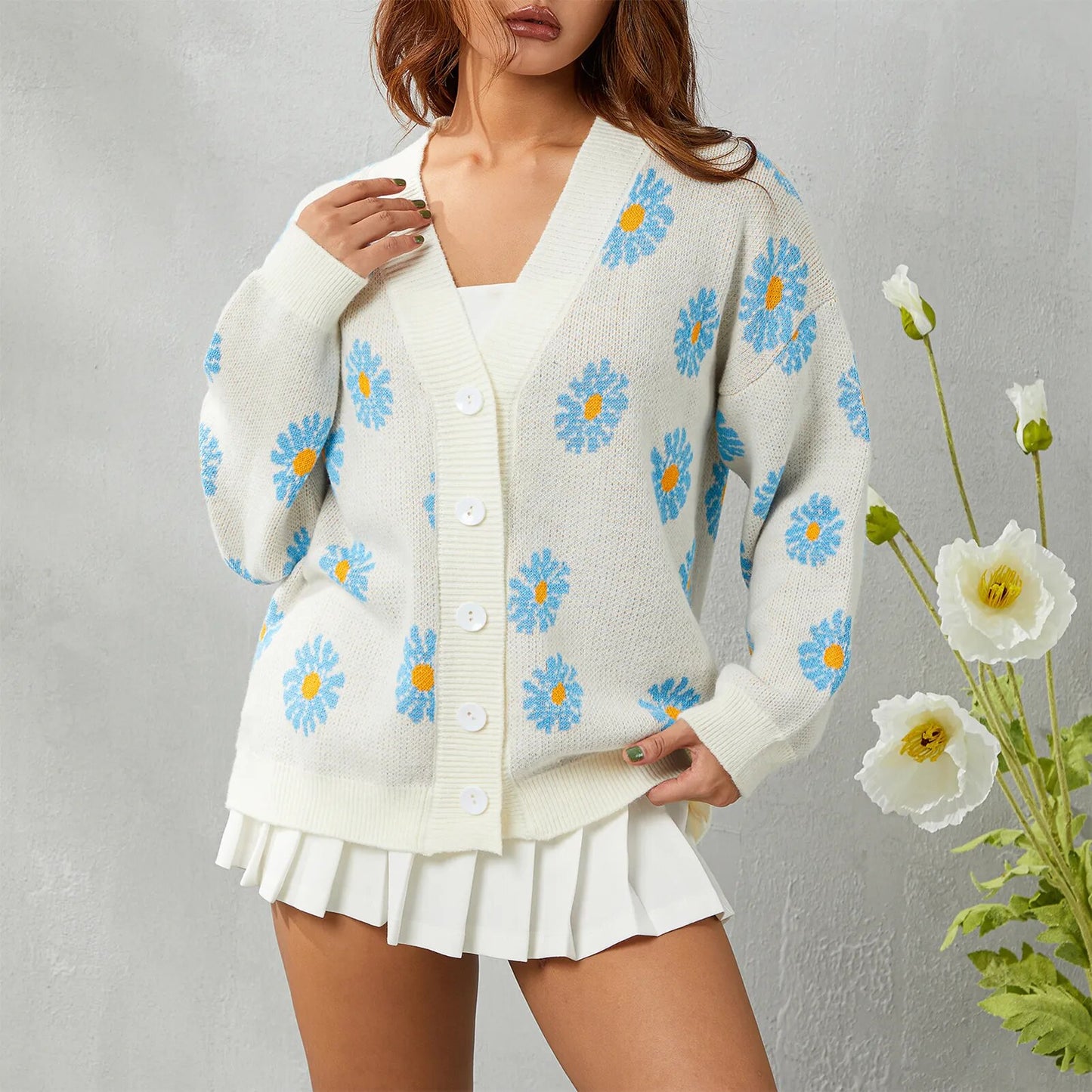 Sweater Open Front Cardigan Long Sleeve Women Floral Print Cardigan Daisy