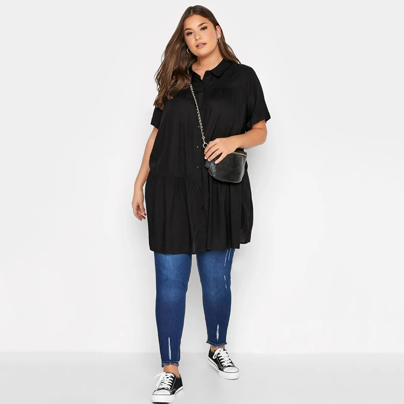 Plus Size Summer Elegant Longline Smock Women Short Sleeve Black Casual Tiered