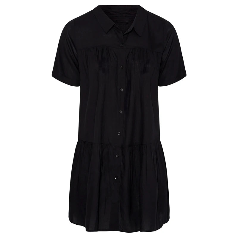 Plus Size Summer Elegant Longline Smock Women Short Sleeve Black Casual Tiered