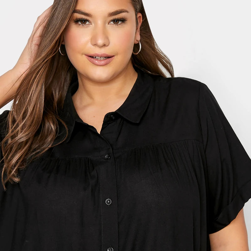 Plus Size Summer Elegant Longline Smock Women Short Sleeve Black Casual Tiered