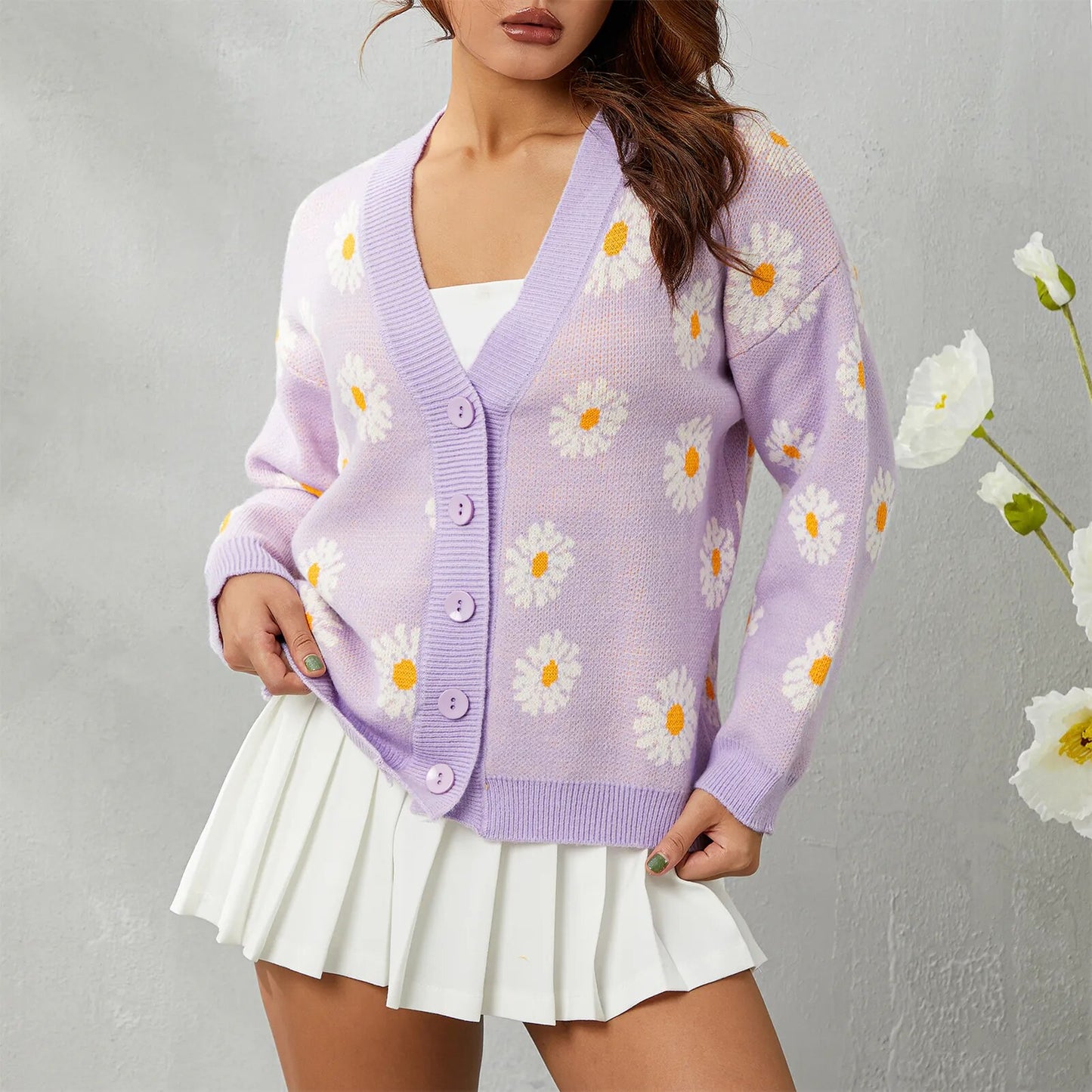 Sweater Open Front Cardigan Long Sleeve Women Floral Print Cardigan Daisy