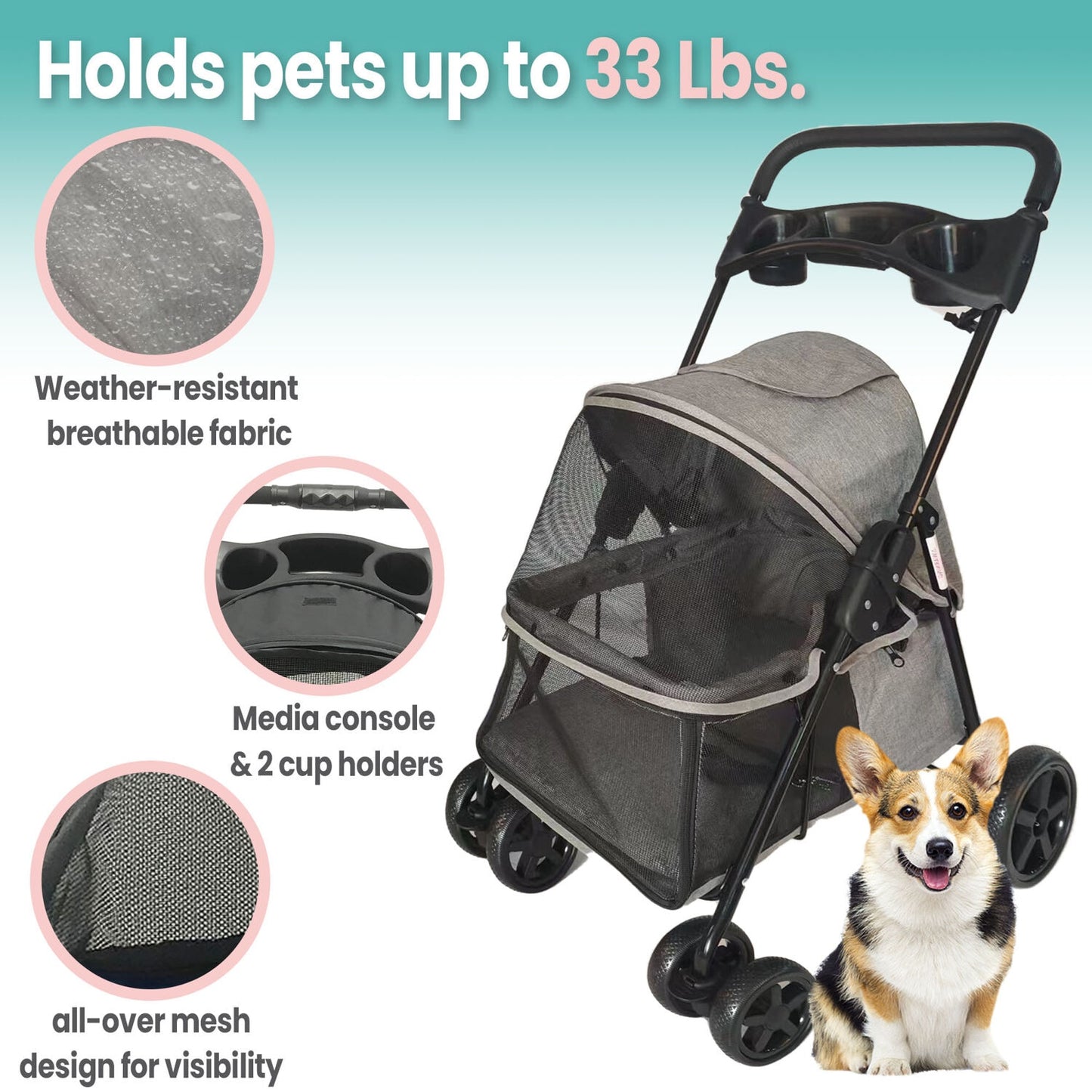 Foldable Pet Stroller for Small Dogs/Cats with Breathable Scratch Resistant Mesh Windows | Cup Holders | Storage Pockets | - scottsoutlet